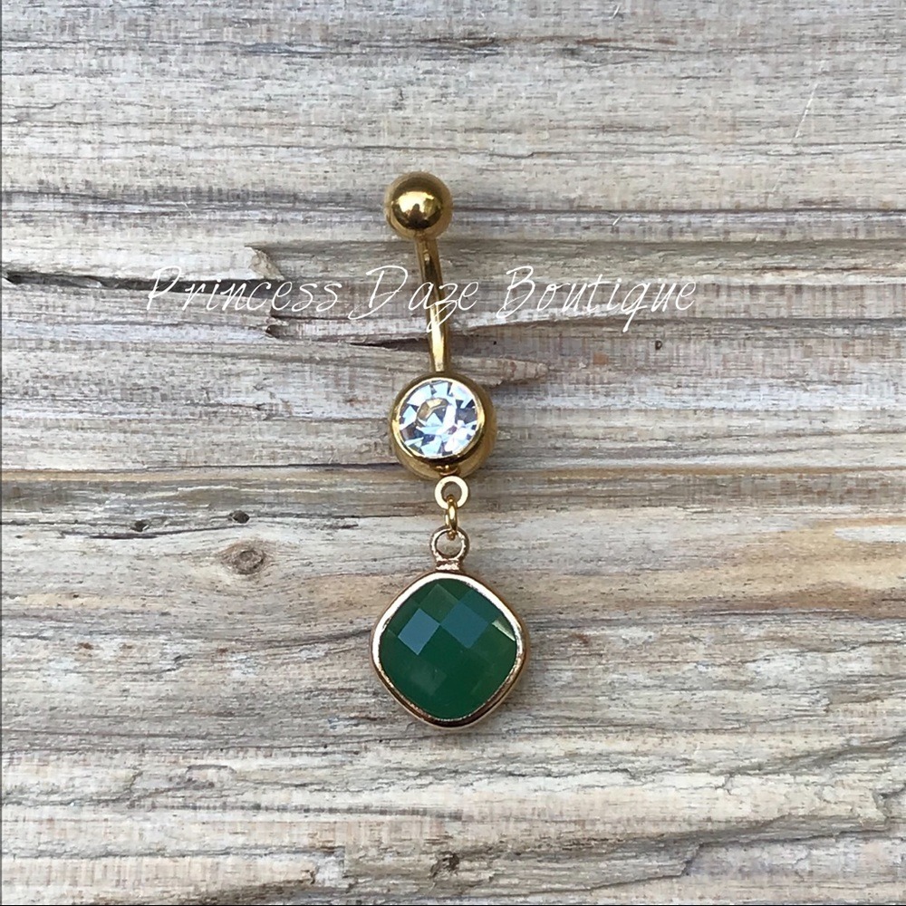 Gold Green Faceted Glass Crystal Belly Button Ring
